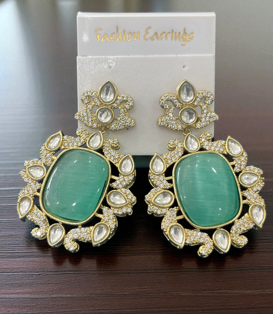 AD and Kundan studded Monalisa stone Mint green big dangler earrings