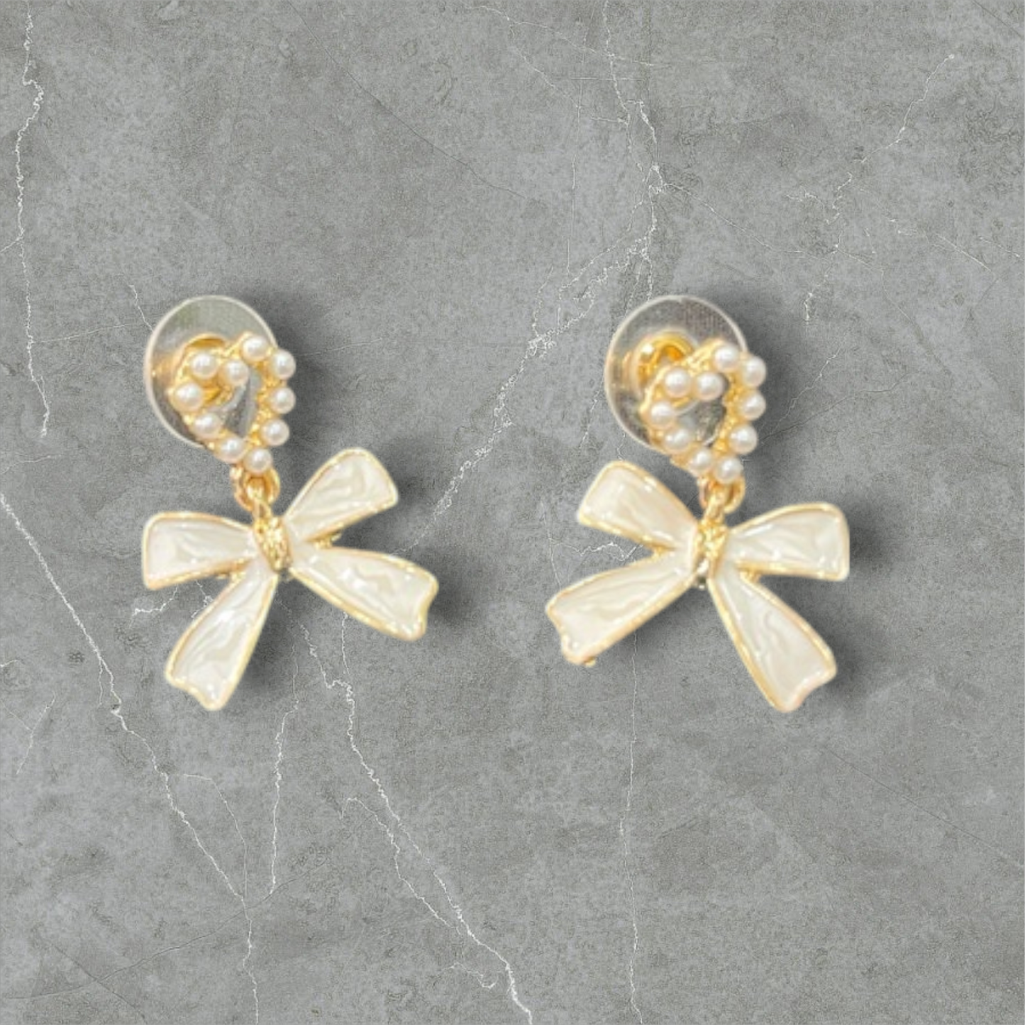 Elegant Pearl and White Bow Stud Earrings