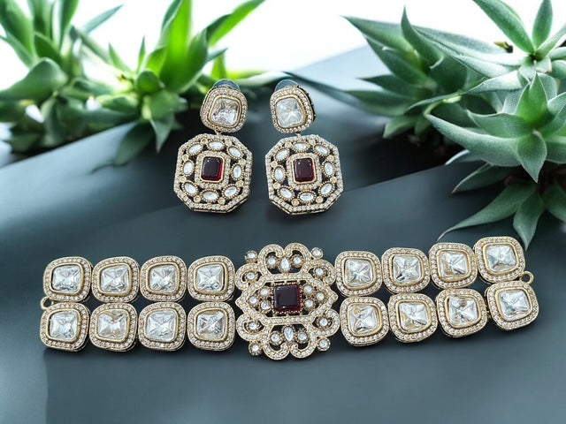 Royal Kundan AD Choker Set - Indian Jewelry with Mint Green Accents