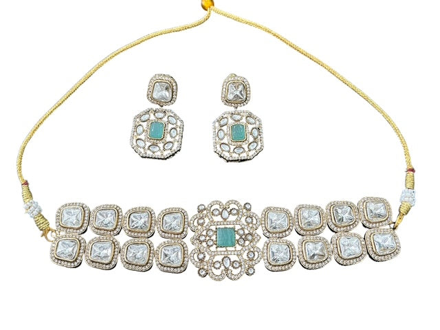 Royal Kundan AD Choker Set - Indian Jewelry with Mint Green Accents