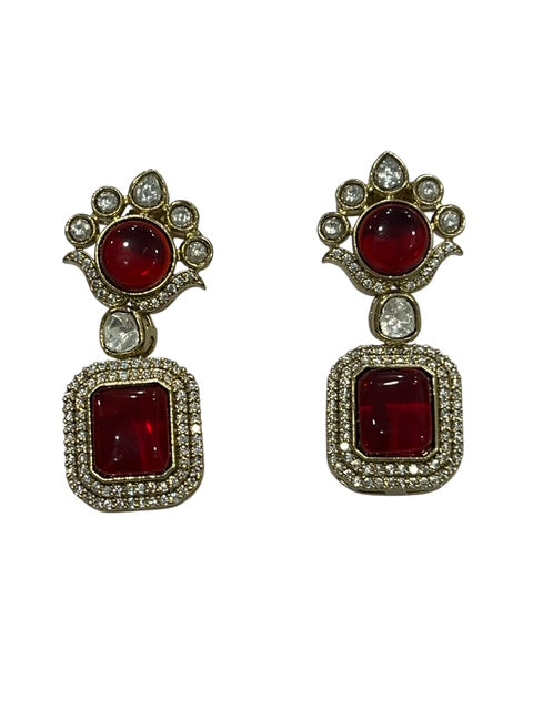Victorian Style AD Stone Earrings - Blue & Ruby Red Statement Drops