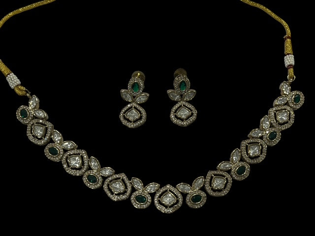 Premium finish Tyaani Kundan Necklace set with earrings in White and Emerald Green