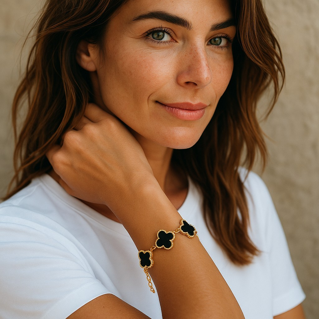 Gold toned black Anti tarnished clover bracelet