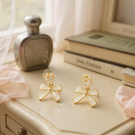 Elegant Pearl and White Bow Stud Earrings