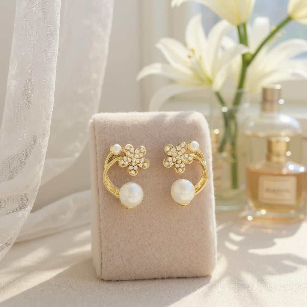 Gold toned pearl and flower studs
