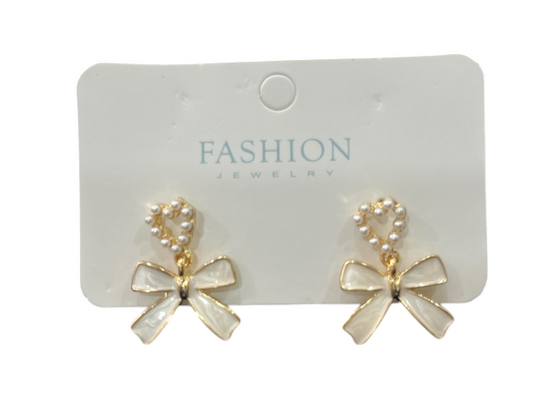 Elegant Pearl and White Bow Stud Earrings