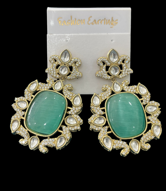 AD and Kundan studded Monalisa stone Mint green big dangler earrings