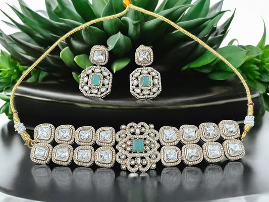 Royal Kundan AD Choker Set - Indian Jewelry with Mint Green Accents