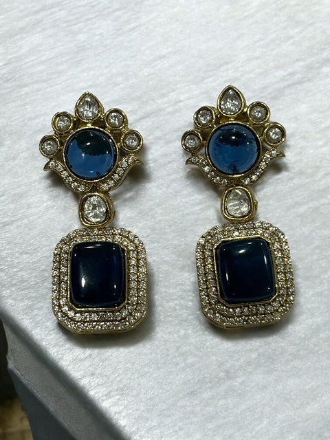 Victorian Style AD Stone Earrings - Blue & Ruby Red Statement Drops
