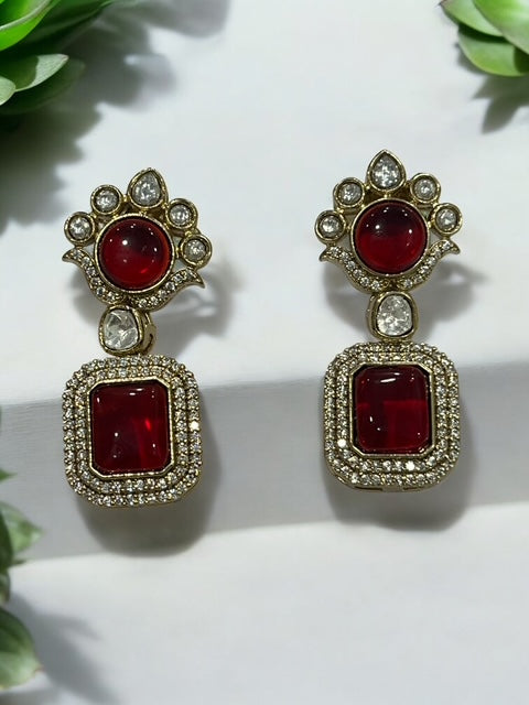 Victorian Style AD Stone Earrings - Blue & Ruby Red Statement Drops