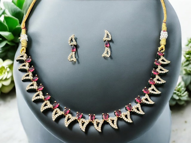 Mint Green and Ruby Red AD Jewelry Necklace Set with Earrings