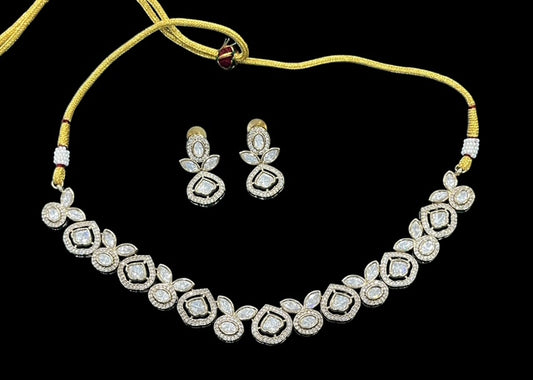 Premium finish Tyaani Kundan Necklace set with earrings in White and Emerald Green